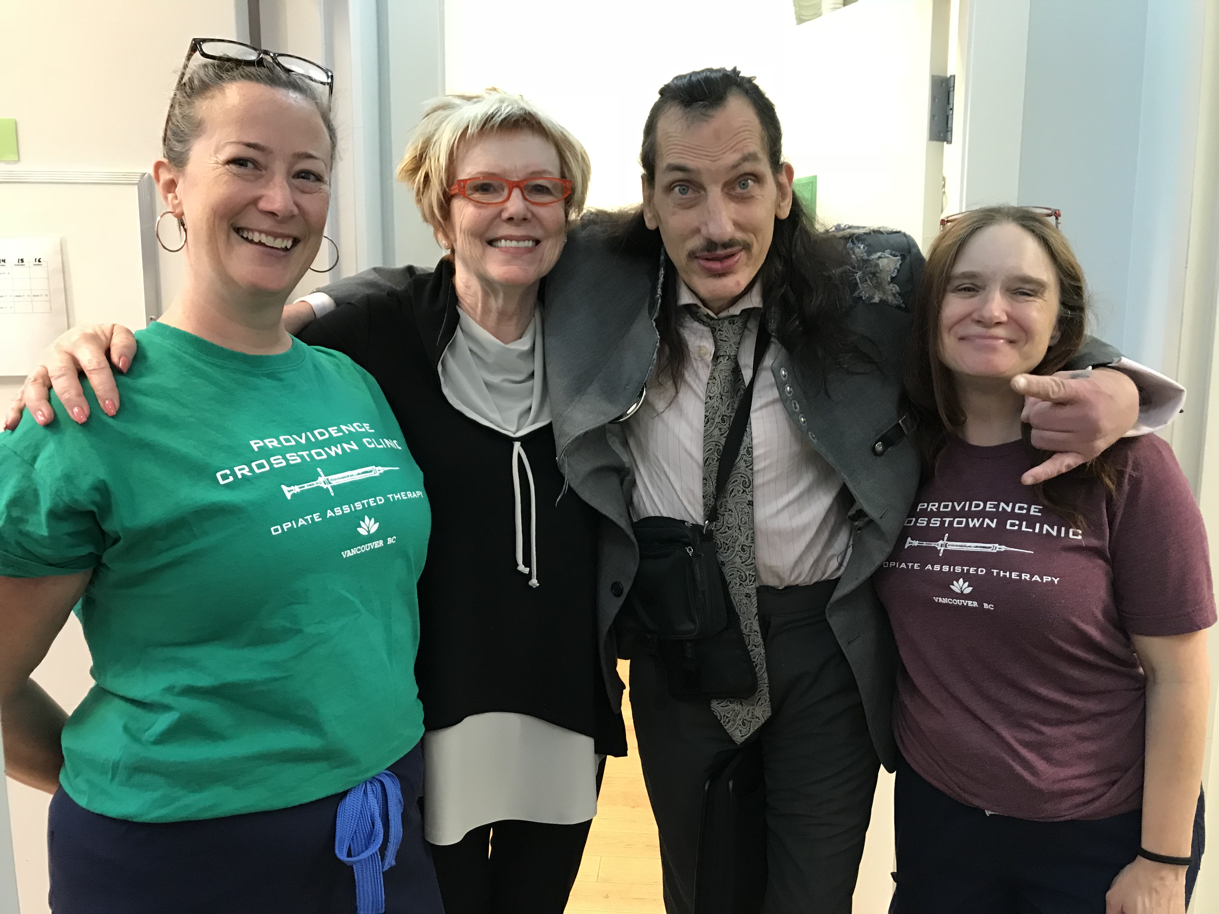 Vancouver City Council candidate and Crosstown Clinic client Spike with members of his Crosstown care team - Jennie Coll, Dr. Cheryl McDermid, and Julie Foreman.