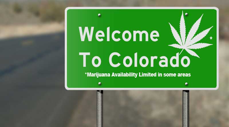 "Welcome to Colorado" sign with marijuana leaf.