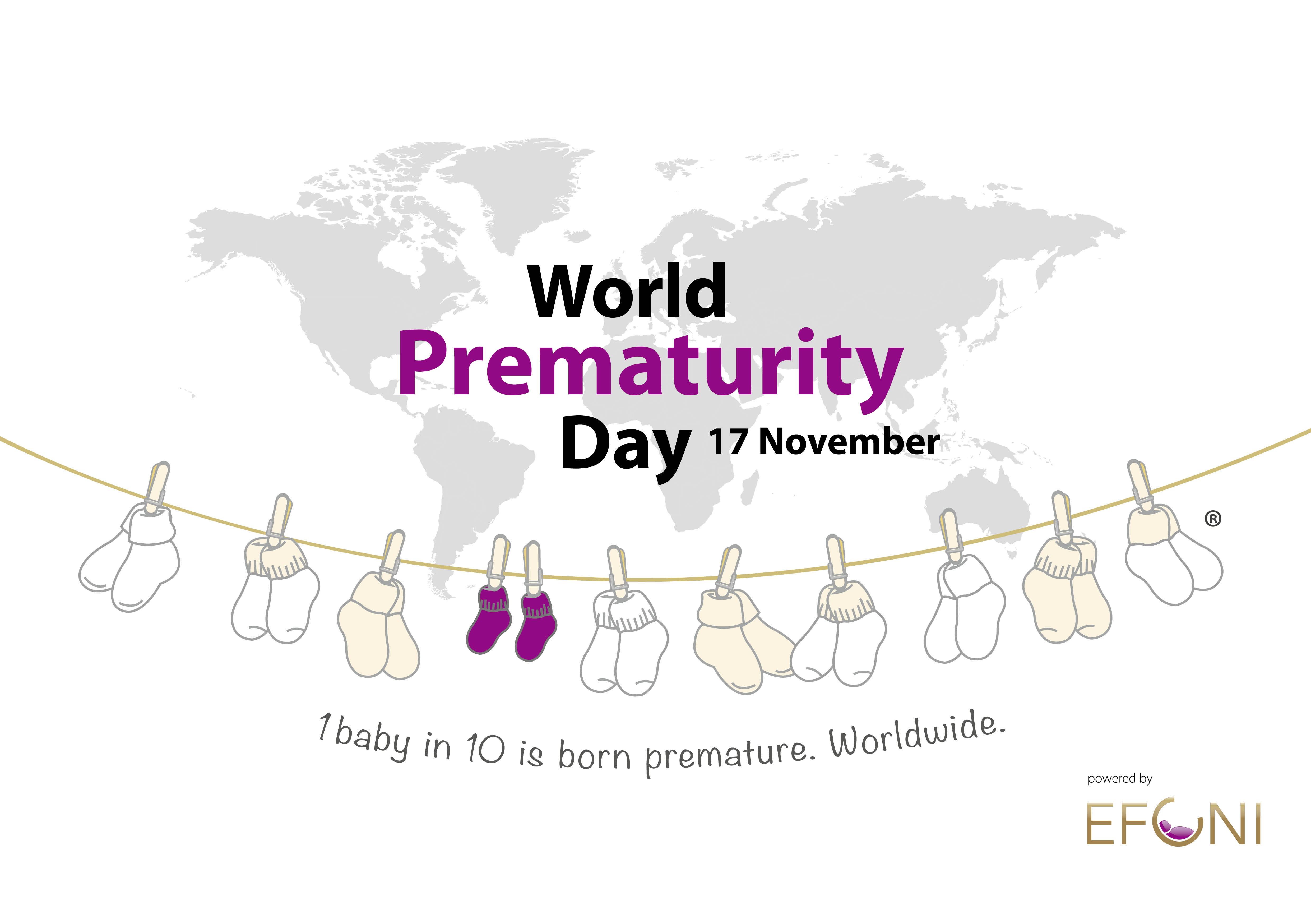 World Prematurity Day logo, baby socks on a clothesline across world map. 