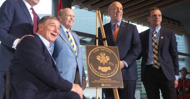 Vancouver legend Rick Hansen (second from left) joined Jim Pattison (centre) when the billionaire businessman was inducted into Canada’s Walk of Fame. Photo courtesy of the Georgia Straight.