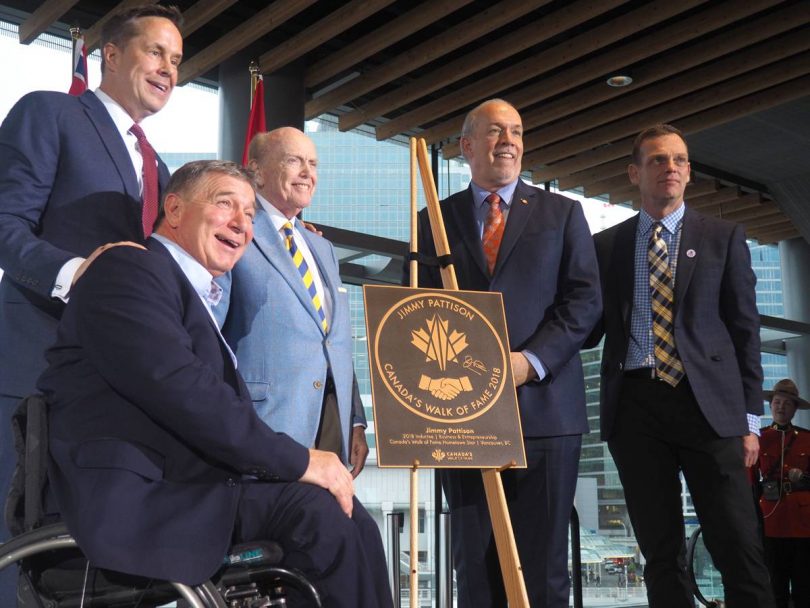 Vancouver legend Rick Hansen (second from left) joined Jim Pattison (centre) when the billionaire businessman was inducted into Canada’s Walk of Fame. Photo courtesy of the Georgia Straight.