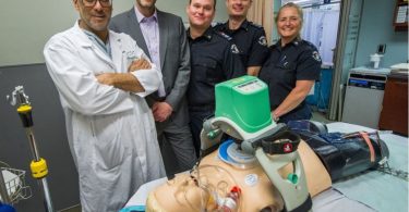 St. Paul's Hospital has received a $1-million gift to buy special equipment that saved the life of a clinically dead man in February. From left to right: Dr. Jamil Bashir, patient Chris Dawkins, paramedics Thomas Watson and Benjamin Johnson, dispatcher Anne-Marie Forrest are pictured at St. Paul's Hospital.