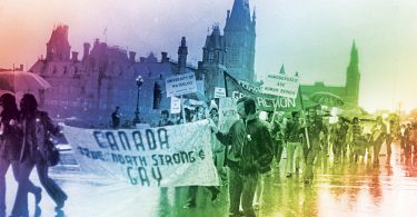 Nearly 100 gay rights activists demonstrate on Parliament Hill in Ottawa on Aug. 29, 1971, marching past the Peace Tower carrying signs that read “Canada: True, North, Strong and Gay.” Photo courtesy of The Canadian Press / Peter Bregg.