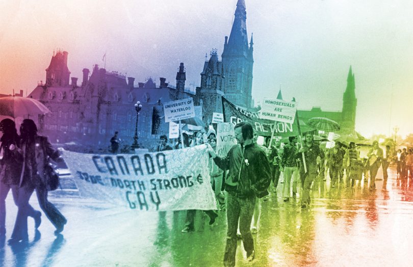 Nearly 100 gay rights activists demonstrate on Parliament Hill in Ottawa on Aug. 29, 1971, marching past the Peace Tower carrying signs that read “Canada: True, North, Strong and Gay.” Photo courtesy of The Canadian Press / Peter Bregg.