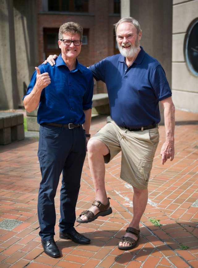 Dr. Alastair Younger (left) and patient John Jefferson, who is walking again after a transplant using a #3D printed bone replacement. (Photo credit: ARLEN REDEKOP / PNG)