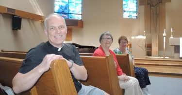 Our Saviour Lutheran pastor Christoph Reiners (left), with church musician Bev Krisch (centre) and church council member Ellen Toreson. (Photo Credit: Alan Campbell)