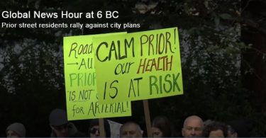 Residents of Vancouver's Prior street rallied today in opposition to the city's plan to make their street a major arterial to replace the Georgia and Dunsmuir viaducts after they're torn down. Grace Ke reports.(Photo Credit: Global News)