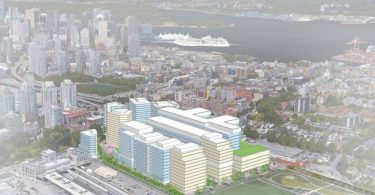 The replacement of the St. Paul’s Hospital, seen in this IBI Group rendering, will sit on a former mud flat. (Photo credit: The Georgia Straight)