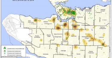 Vancouver Police Department map showing most recent car break-ins in the city (Photo credit: Vancouver Courier)