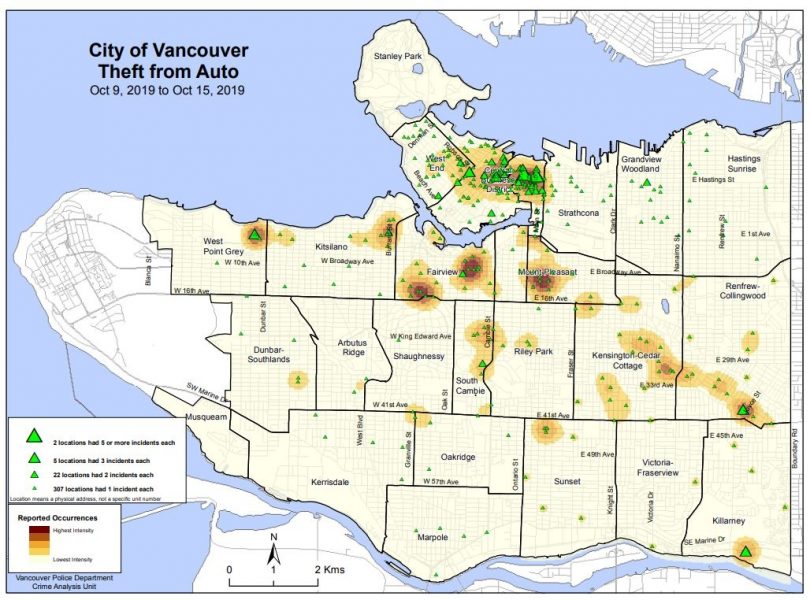 Vancouver Police Department map showing most recent car break-ins in the city (Photo credit: Vancouver Courier)