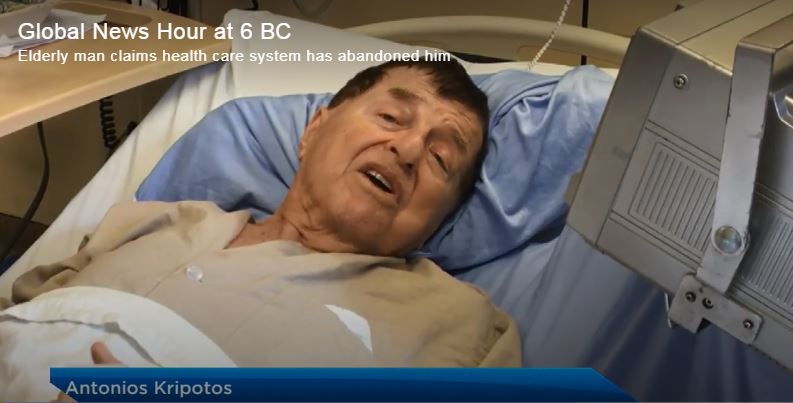 An elderly man being treated in a Vancouver hospital says he has no place to go, and is worried that he'll be placed in a homeless shelter. (Photo credit: Global News)