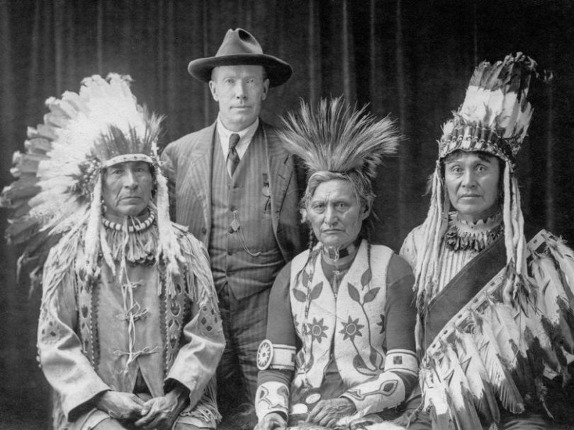 James Teit with three Interior chiefs in Ottawa, 1916. Left to right: Chief John Tetlenitsa (Nlaka’pamux), James Teit, Chief Paul David (Ktunaxa) and Chief Thomas Adolph (St’at’imc). Photograph by Frederick Lyonde. Copy courtesy of Sigurd Teit. (Photo credit: Vancouver Sun)