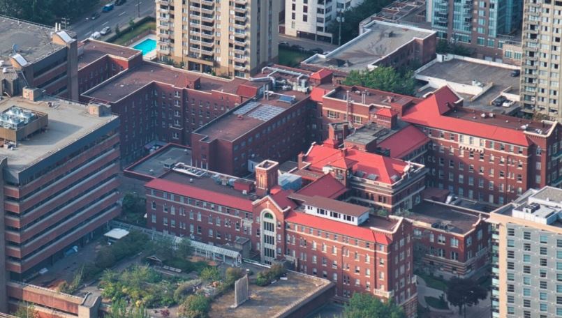 St. Paul's Hospital in Vancouver is seen from the air in summer 2019. (Photo credit: CTV News)