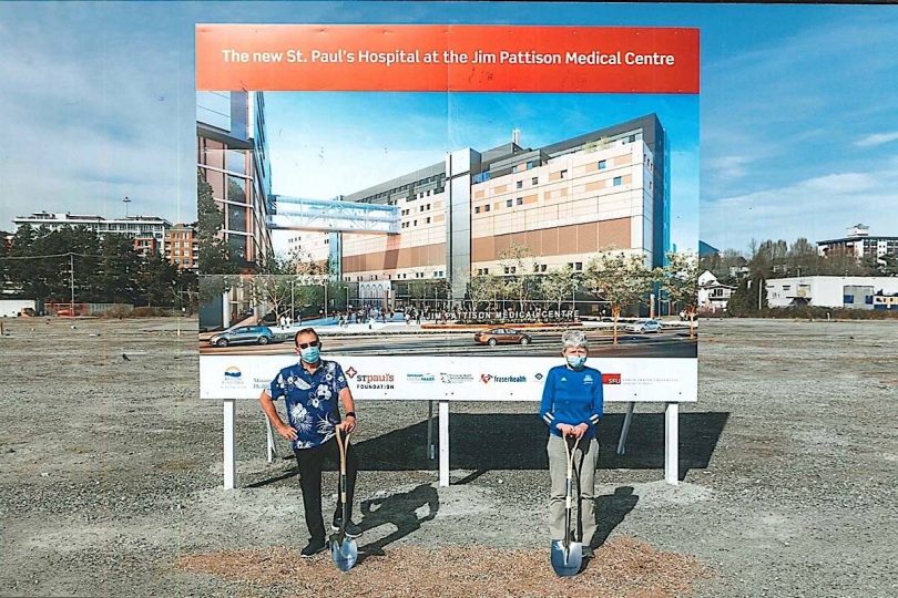 Dr. Janet Green is pictured with fellow marathoner Jon Mahoney at the site where a new St. Paul’s Hospital will be located in Vancouver. Green donated $100,000 to the St. Paul’s Hospital Foundation project. (Photo credit: Comox Valley Record)