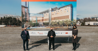 President and CEO of St. Paul’s Foundation Dick Vollet, Archbishop J. Michael Miller, and President and CEO of Providence Health Care Fiona Dalton during a visit to new St. Paul’s Hospital site. (Photo credit: The B.C. Catholic)