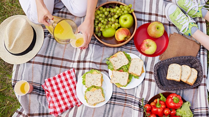 Picnic set-up on blanket, with fruit and sandwiches