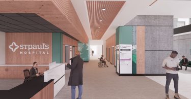 Rendering of the lobby and elevators inside the new St. Paul's Hospital.