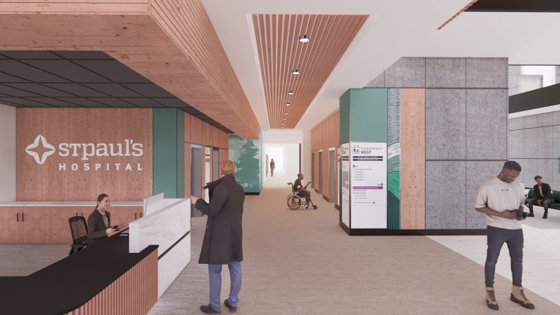 Rendering of the lobby and elevators inside the new St. Paul's Hospital.