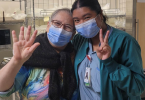 Heatlher Martin and nurse Kim wave to the camera. Heather received a new kidney thanks to a deceased organ donor.